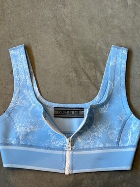 Dior Light Blue Front-Zip Floral-Print Sports Bra